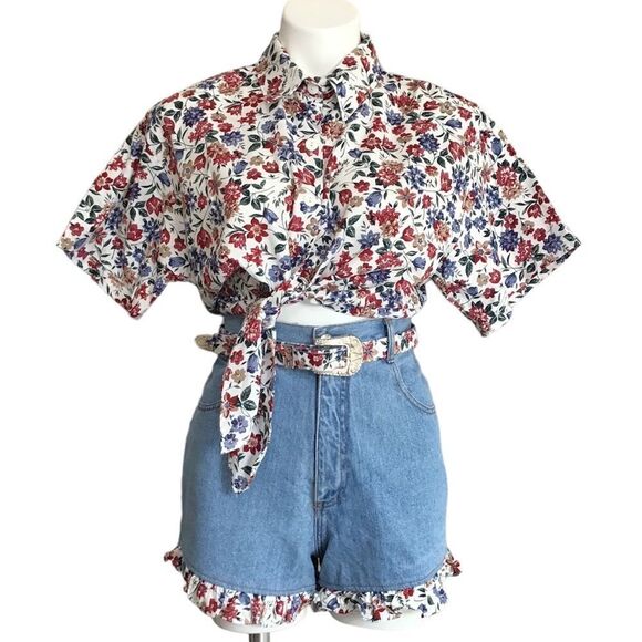 Vintage 2-Piece Matching Jean Shorts Crop Top Outfit Set By Concept Designs L/13 - Picture 1 of 16